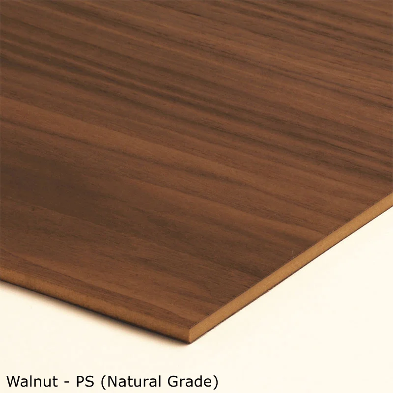 Walnut-faced panel sample showing the grain and the panel edge. Caption in the photo: Walnut PS (Natural Grade).